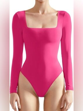 Babaton Contour Vibrant Pink Square Neck Long Sleeve Thong Back Bodysuit